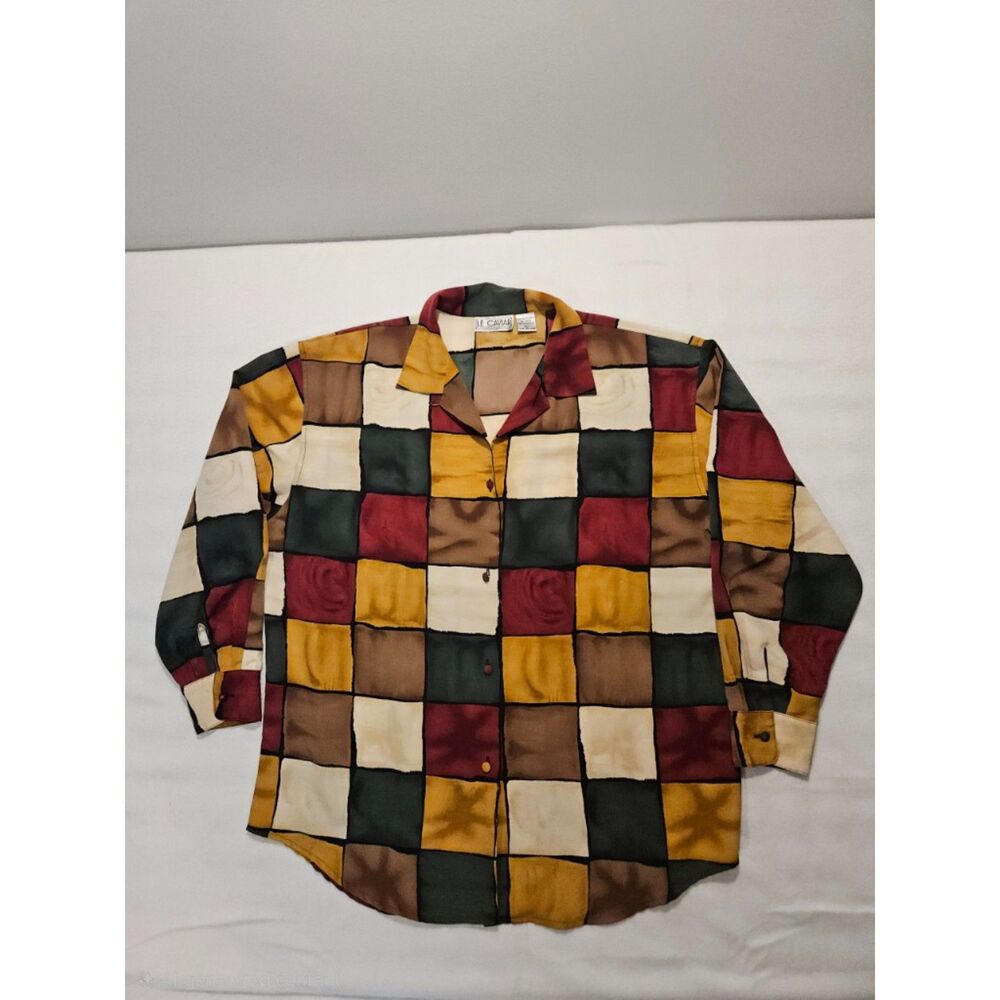 Vintage Le Caviar Art Shirt L Silk Feel Colorblock Patchwork Geometric‎ Blouse